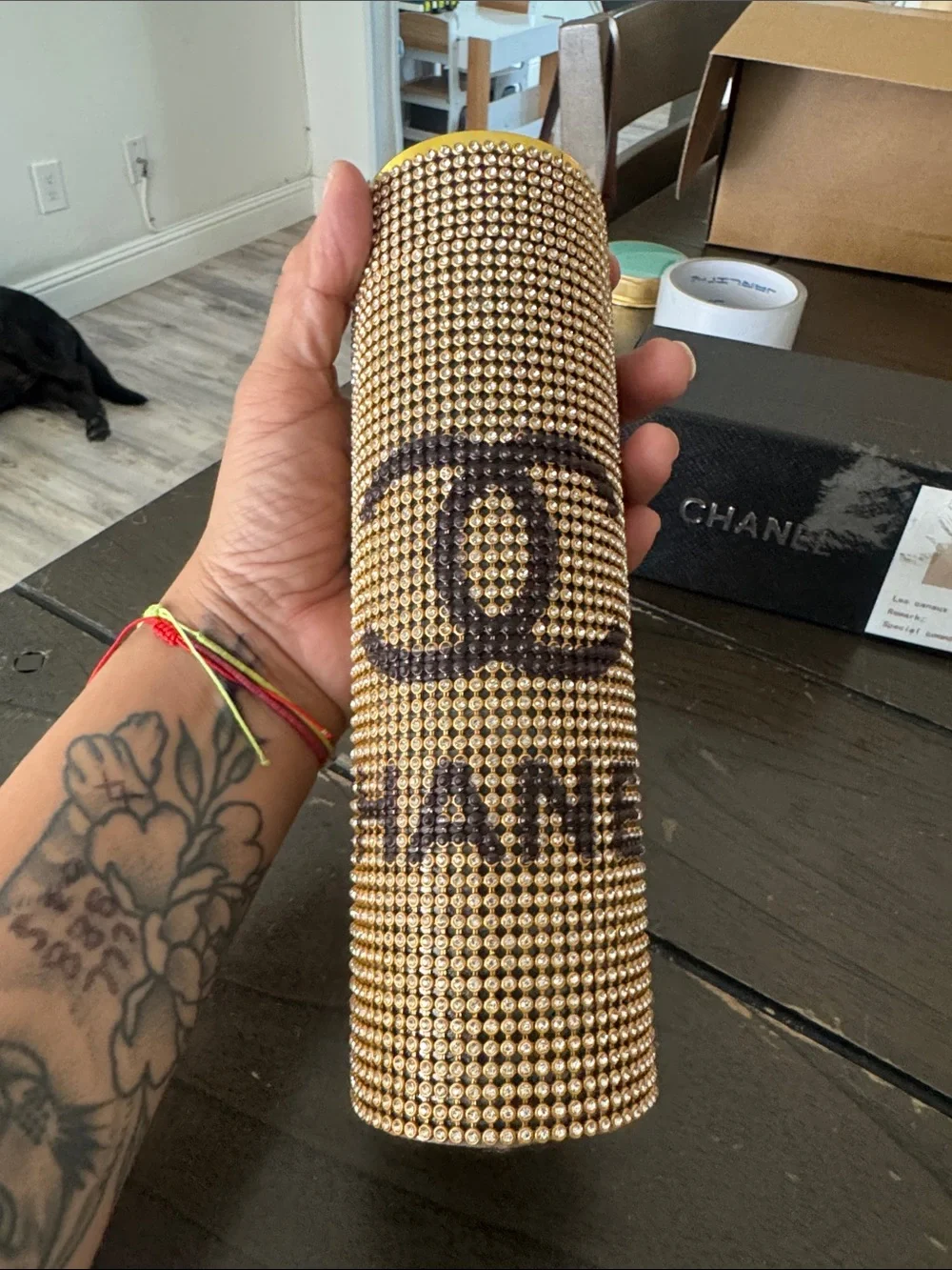 Source Unknown Gold Beaded Vase with Black Logo Motif